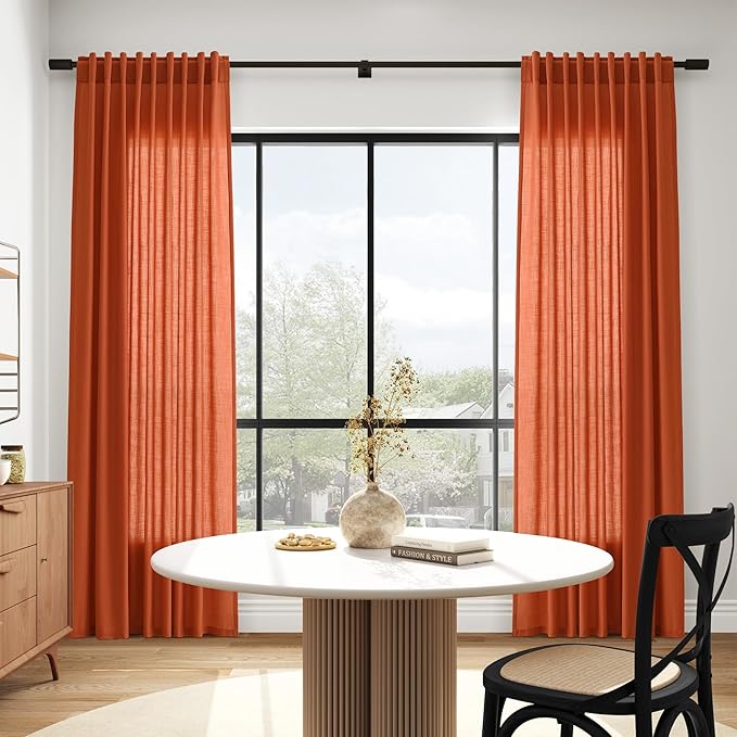 Extra Long Curtain Bright Orange Morden Linen Blend Light Filtering Back Tab Curtains for Long Winodws 120 Inches Length, Semi Sheer Privacy Drapes for Living Room, 52x120 inch, 2 Panels