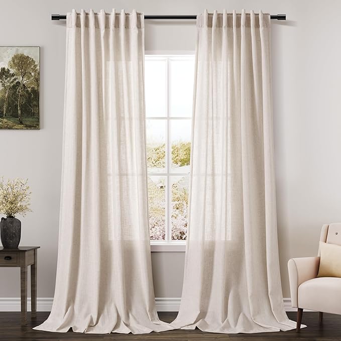 Extra Long Tan Beige Curtains 144 inch Length 2 Panels Set Back Tab Neutral Farmhouse Drapes Light Filtering Semi Sheer Linen Curtain 144 inches Long for Floor to Ceiling Window Patio Sliding Door