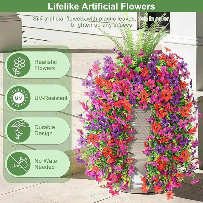Artificial Fake Flowers Plants for Outdoor Decoration,3 Pcs Faux Hanging Flowers with Boston Ferns Spring Summer Decor,UV Resistant Realistic Fake Silk Flowers for Planter Balcony Yard Porch Garden
