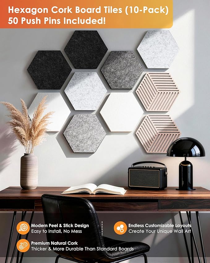 Hexagon Cork Boards for Walls Decor 10 Pack Cork Bulletin Board Tiles with 50 Pins,Pin Board for Office & Home for Notes Photos and DIY Classroom Decor (Industrial Vintage Style)