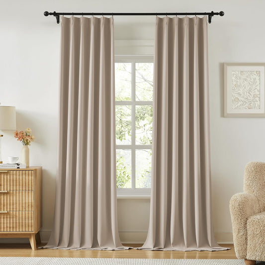 KangBang Pinch Pleat Blackout Curtains 102 Inches Long 2 Panels Set, 60 Inch Wide Pleated Thermal Insulated Draperies for Sliding Glass Door Cottage, Memory Trained Modern Decor, W60xL102, Taupe