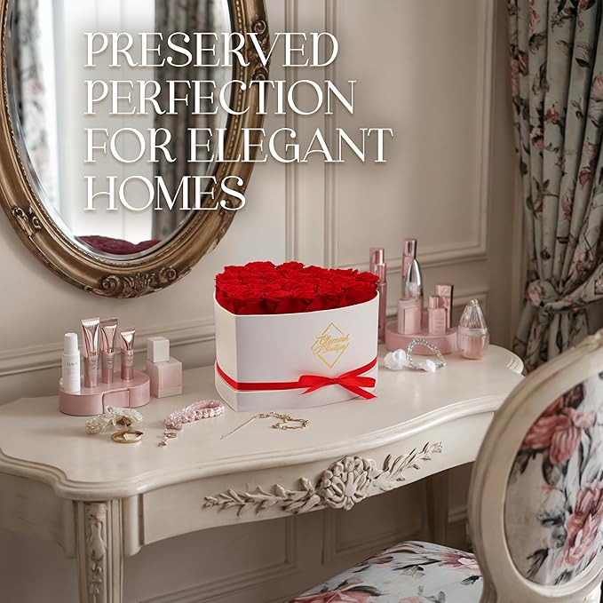 GLAMOUR BOUTIQUE Preserved Roses in a Box - Gifts for Her, Wife & Mom, Rose Flowers Forever Decor for Birthday Gift, Get Well Flower Bouquet Cased in White Box with Cover - Red - 27 (Color-Treated)