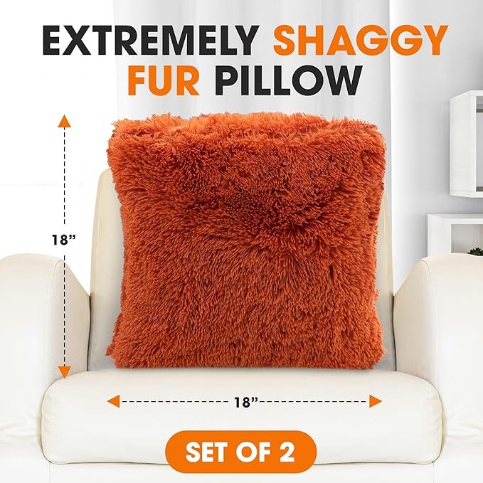 Cheer Collection Throw Pillows for Couch and Bed, Soft Shaggy Throw Pillows with Inserts Included, Cozy Long Hair Faux Fur Pillows - Set of 2-20" x 20" - Rust Orange