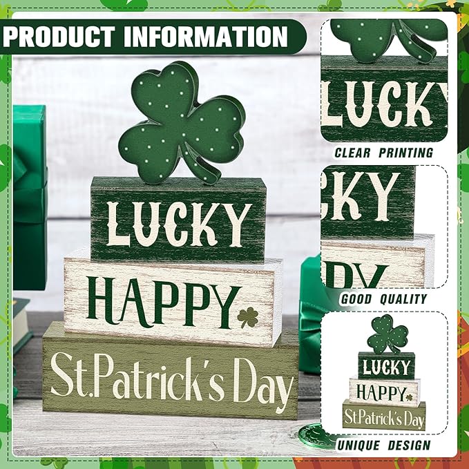 Marsui 4 Pcs St. Patrick's Day Decorations Shamrock Wooden Signs Green Irish Tabletop Centerpieces rustic Distressed Shamrock Blocks St Patricks Day Decor for Home Table Kitchen Shelf Tiered Tray