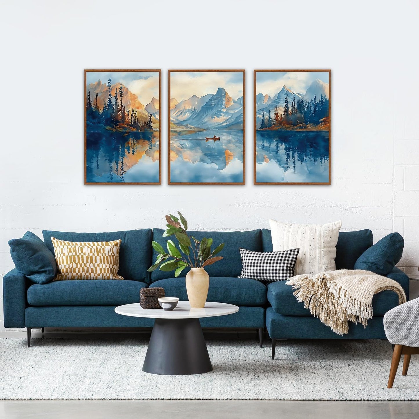 KAIRNE Framed Large Landscape Wall Art,Abstract Forest Prints Paintings,Watercolor Blue Mountain Lake Canvas,Nature Scenery Textured Artwork for Living Room Bedroom Home Office Gallery Decor,16”X24”