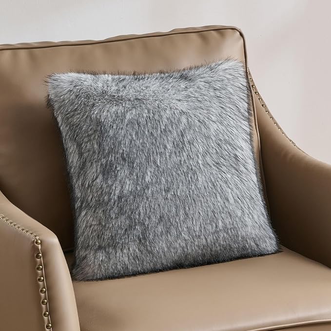 FUTEI Pack of 2 Faux Raccoon Fur Plush Throw Pillow Covers 18x18 Inch Soft Fluffy Farmhouse Decorative Cushion Case Modern Luxury Accent for Couch Bed Living Room, Grey White