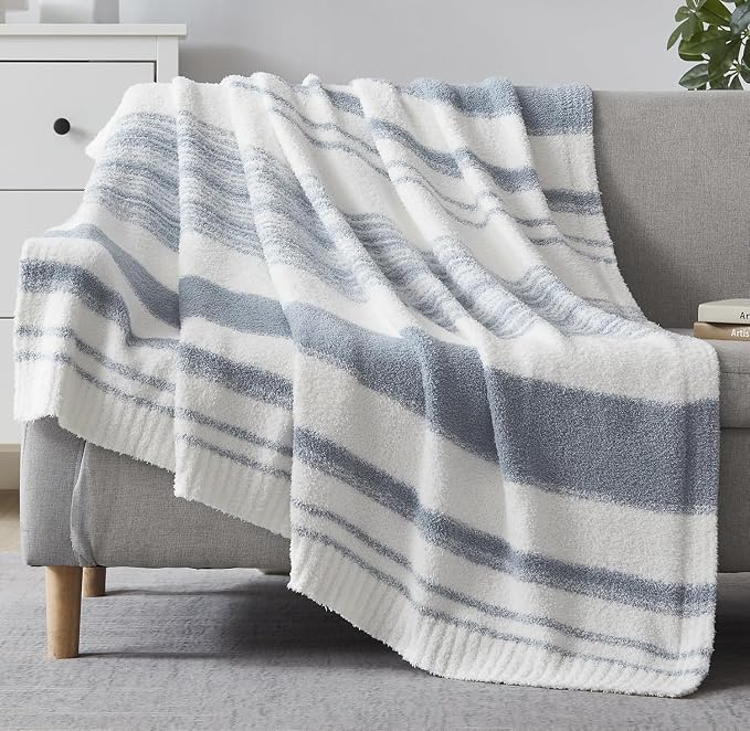 WRENSONGE Soft Throw Blanket for Couch-Cozy Reversible Knitted Blankets | Lightweight Warm Fluffy Decor for Women, Mom, Her & Girls, Sofa, Chair, Bed, 50x70in, Grey Blue Stripe