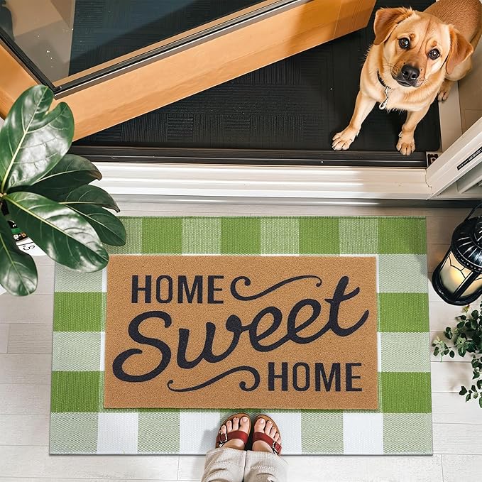 OLANLY Buffalo Plaid Rug 3' x 5' – Green and White Cotton Checkered Doormat, Washable Indoor Outdoor Rug for Layered Front Porch, Kitchen, Entryway Decor
