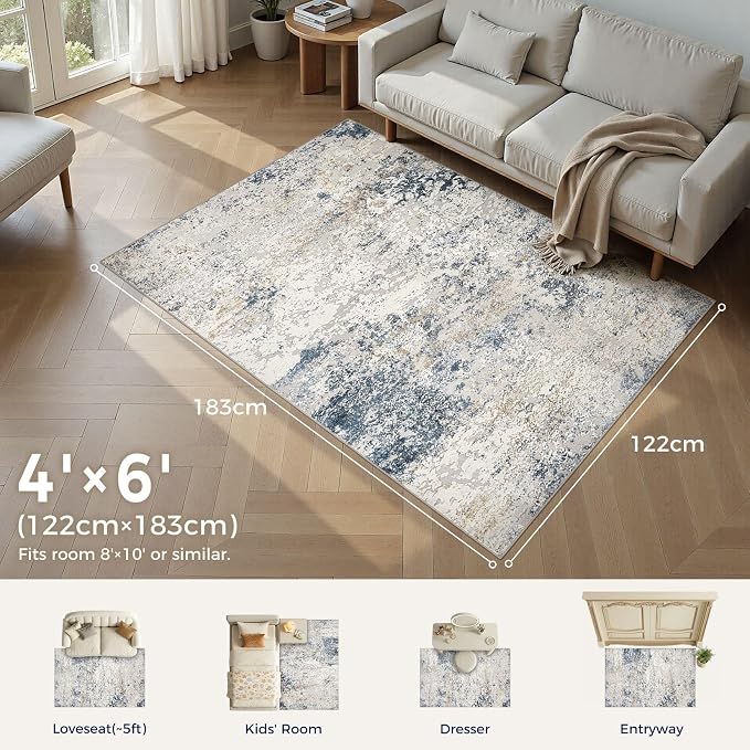Area Rug Living Room Rugs - 4x6 Abstract Large Soft Indoor Washable Rug Neutral Modern Low Pile Carpet for Bedroom Dining Room Farmhouse Home Office - Beige Blue