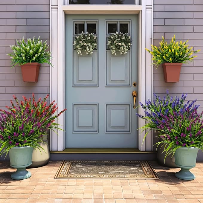Nigirior Artificial Flowers for Outdoor Plants 24 Bundles Fake Lavender Plastic Faux Monkey Grass for Verandah Window Garden Office Patio Front Porch UV Resistant for Planter(Fuchsia)