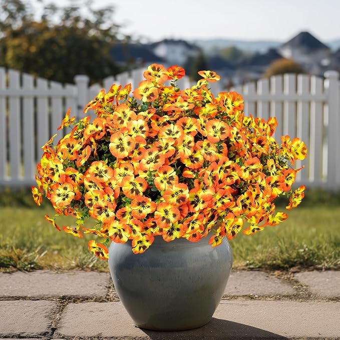 24 Pcs Artificial Fake Pansy Flowers for Outdoor,Faux Silk Plants Flowers UV Resistant Pansies Spring Flowers for Planter Front Door Porch Yard Patio garden Window Box Home Decor(Orange Yellow)