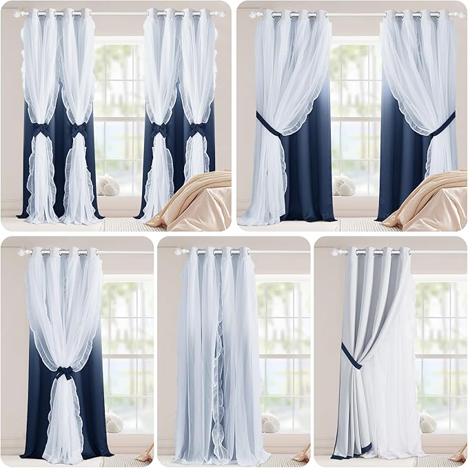 PONY DANCE Gradient Kids Curtains for Bedroom Decorative Drapes, Double Layer Curtain Ruffle Sheer Overlay Room Darkening Pretty Chic Princess, 52x84 inch, Ombre-Blue, 2 PCs