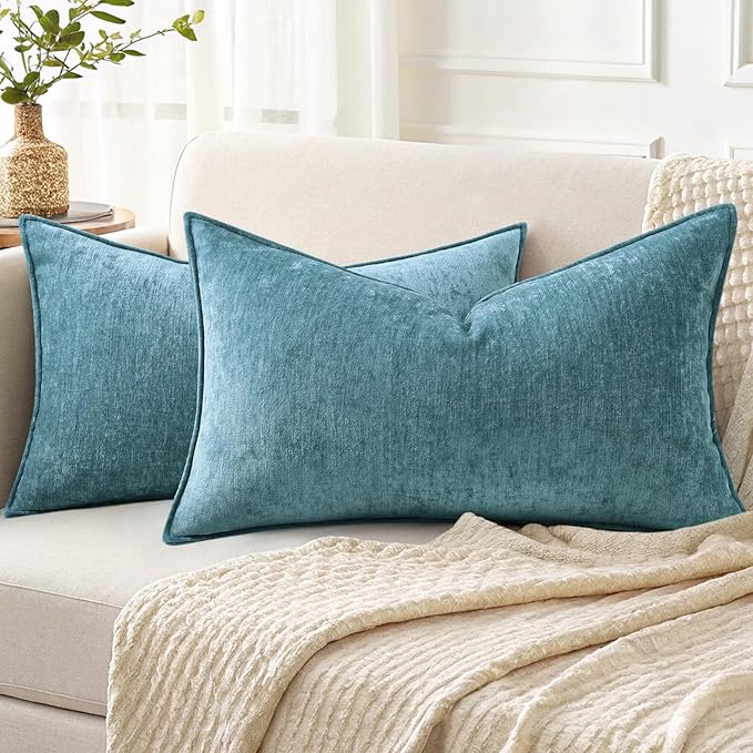decorUhome Summer Couch Throw Pillow Covers 12x20 Set of 2, Decorative Soft Velvet Modern Cozy Chenille Lumbar Pillow Cases with Elegant Design for Sofa Bed Living Room Home Decor, Teal