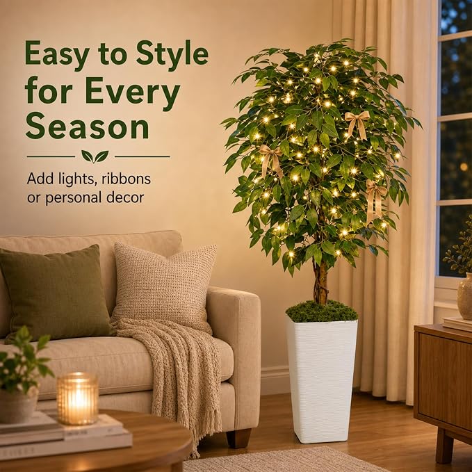 5FT Artificial Ficus Tree, 60 Inch Realistic Faux Silk Ficus Floor Plant with White Planter & Moss, Tall Fake Potted Tree for Indoor Home Office Living Room Corner Decor