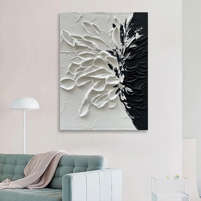 Hand-Painted White and Black Abstract Art 40x28 inches Modern Minimalist Home Office Wall Decorative Art