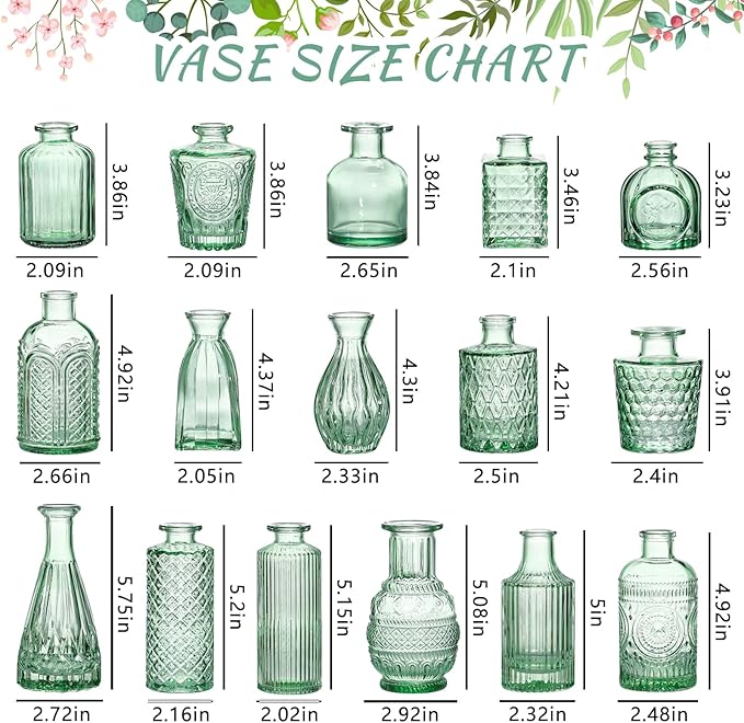 SUPMIND Glass Bud Vase Set, 16pcs Small Green Flower Vases for Table Centerpieces in Bulk, Mini Vintage Vase for Wedding, Home, Table Decoration