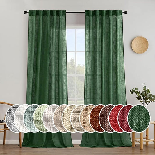 MIULEE Emerald Green Linen Curtains 96 Inch Long for Bedroom Living Room, Soft Thick Linen Textured Window Drapes Semi Sheer Light Filtering Rod Pocket Back Tab Christmas Burlap Look, 2 Panels