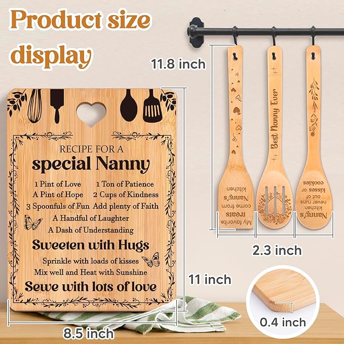 Gifts for Nanny - "Recipe for a Special Nanny" Nanny Gifts Cutting Board Set, Bamboo-Made Engraved Utensil Set Nanny Gifts for Grandma, Mothers Day Gifts for Nanny