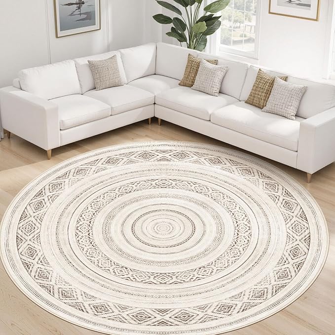 cotiled 8x8 Round Area Rug Living Room: Washable Boho Rugs with Non Slip Backing Large Soft Indoor Stain Resistant Carpet for Bedroom Farmhouse Dining Room Lightweight Home Decor Dark Brown