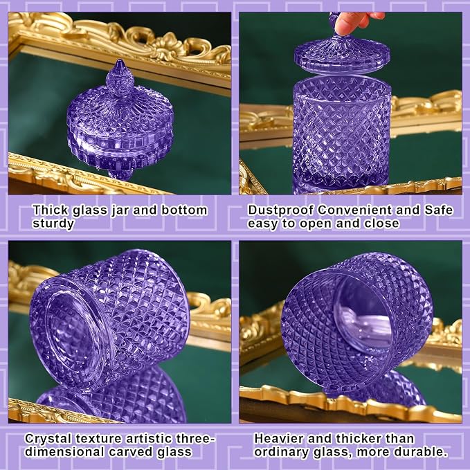 Aoriher 4 Pcs Crystal Glass Candy Jar Set with Lids Home Decorative Storage Jars for Apothecary, Bathroom, Kitchen, and Pantry, Ideal for Cotton Swabs and Jewelry(Medium,Light Purple)