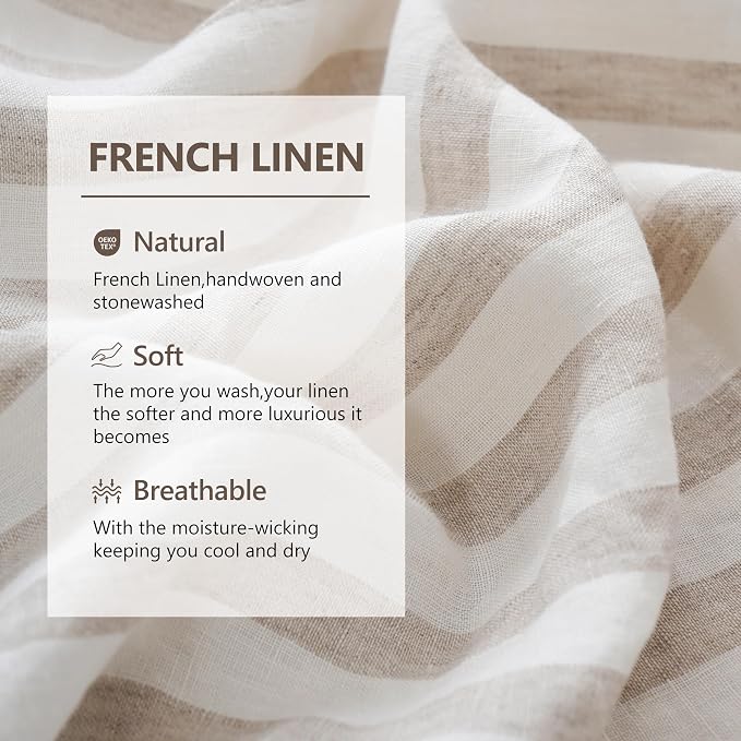 Linen World Striped Linen Pillow Cases Set of 2,20"x40" King Size,100% French Natural Flax Soft Pillowcases,Natural Stripe
