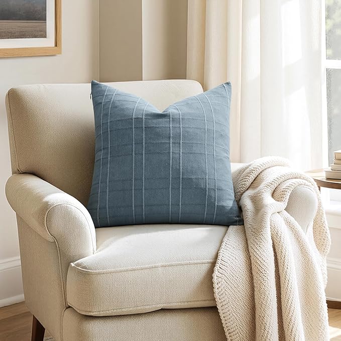 MIULEE Decorative Linen Check Euro Shams Throw Pillow Covers Neutral Farmhouse Vintage Pillow Covers 24x24 Set of 2 Boho Modern Home Decor for Sofa Couch Bedroom Cushion Blue Grey