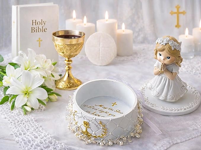 First Communion Gifts for Girls- First Holy Girl Figurine with Keepsake Box & Flower Girl Headpiece & Cross Necklace & Cross Bracelet Included, 1st Communion Gifts for Girls