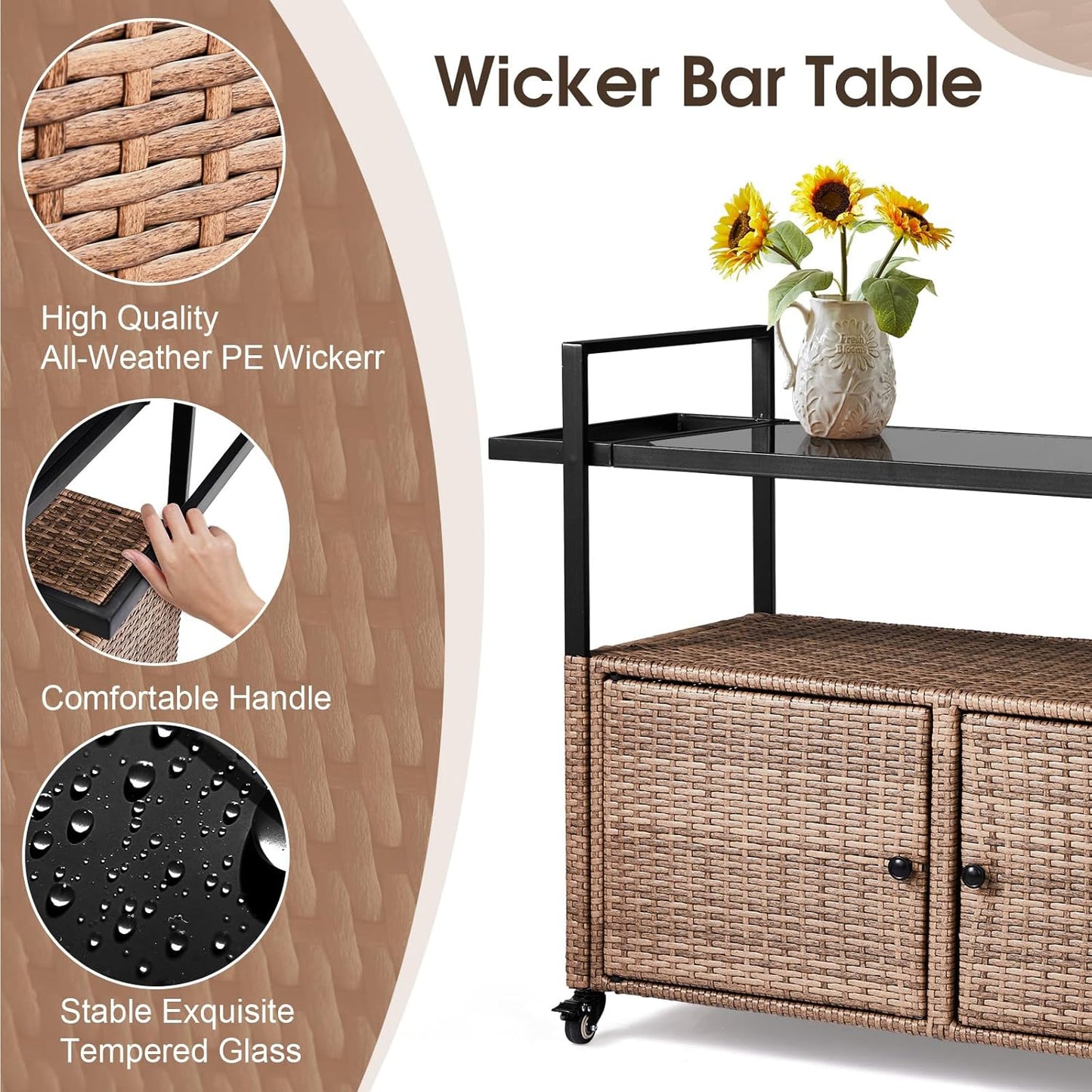 VINGLI Wicker Outdoor Bar Cart with Storage and Wheels, Outdoor Bar Table Serving Cart Rattan Bar Cart with Glass Top and Shelf for Pool, Party, Backyard, Porch (Brown)