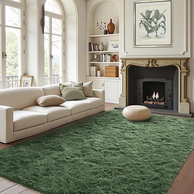 FinRèc Green Rugs for Living Room Bedroom, 4x6 Feet Fluffy Fuzzy Shag Rug, Non-Slip Furry Shaggy Area Rug for Nursery Kids Room Dorm Room Home Decor, Indoor Floor Carpet