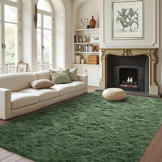FinRèc Green Rugs for Living Room Bedroom, 4x6 Feet Fluffy Fuzzy Shag Rug, Non-Slip Furry Shaggy Area Rug for Nursery Kids Room Dorm Room Home Decor, Indoor Floor Carpet