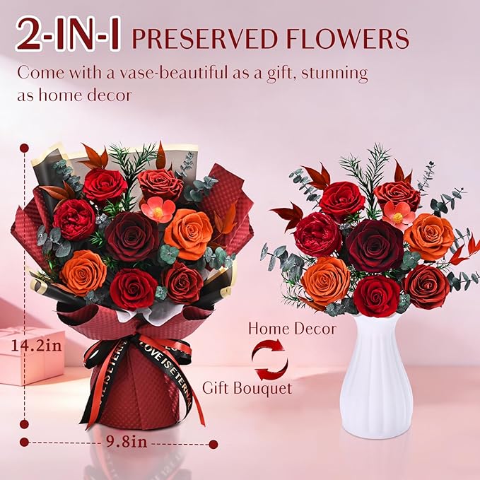 Forever Rose Flowers for Delivery, 8-Piece Preserved Roses Bouquet Birthday Gifts for Women, Long Lasting Red Roses with Gift Box for Mom, Forever Flowers with Vase for Her Wife Girlfriend