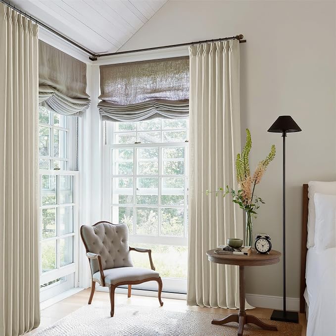 TWODRAPES Beige Linen Curtains 96 Inches Long Pinch Pleated 2 Panels Living Room Bedroom Memory Trained Semi Sheer Neutral Flax Pinch Pleat Drapes with Hooks Rings Light Filtering Window Curtain 40x96