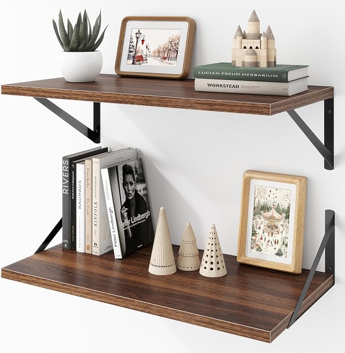 Acovy Deep Floating Shelves Wall Mounted, 24"x12" Walnut Wall Shelves with Brackets Set of 2 for Bedroom, Living Room, Bathroom, Kitchen, Office - Storage & Display Shelf for Decor, Books, Plants