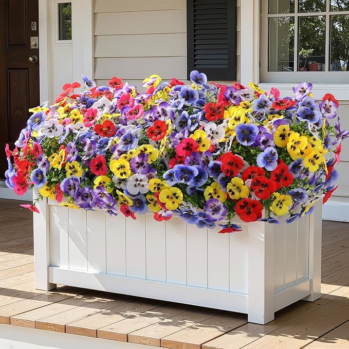 Alupssuc 24 Bundles Artificial Flowers for Outdoors, Fake Spring Flowers for Decoration, UV Resistant Realistic Pansies with Eucalyptus Silk Faux Flowers for Porch Patio Yard, 6 Mix Colors