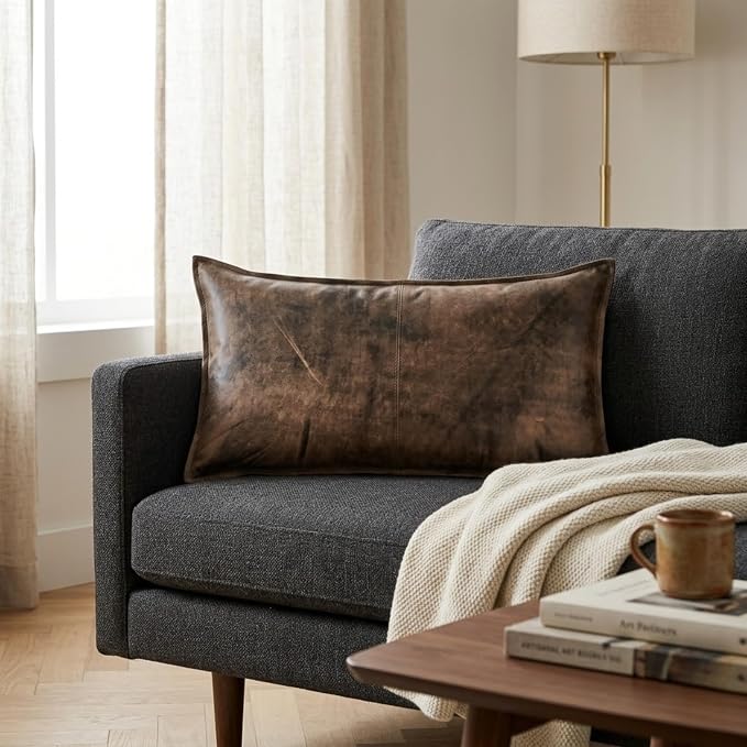 Genuine Leather Pillow Cover Case for Lumbar Throw Couch Pillows - Modern Farmhouse Decorative Sofa Thick & Soft Cushion Covers (Jungle Distressed, 12" x 20")