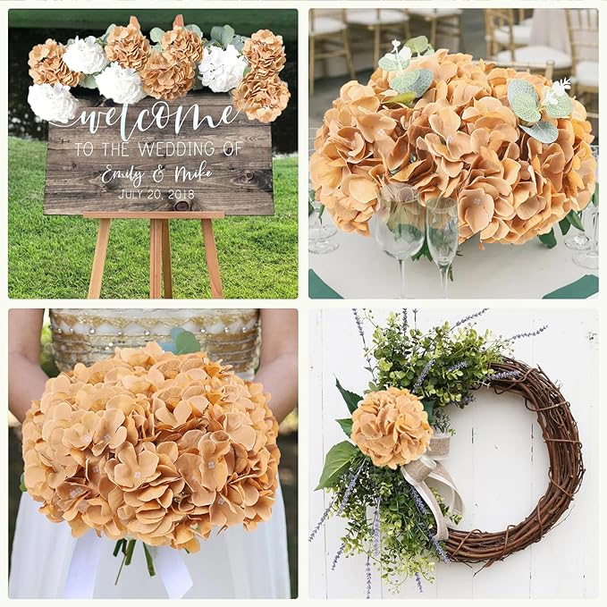 AVIVIHO 65pcs Fake Flowers Brown Hydrangea Artificial Flowers Bulk (Not Squished, No Steaming Need) Silk Flowers with Stems for Wedding Decor,Home,Baby Shower,Table Centerpieces Decoration