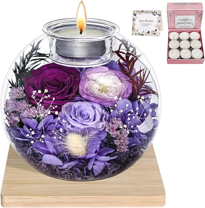 Preserved Roses Birthday Gifts for Her, Flower in Glass Dome with Scented, Flower for Women Mom Wife Daughter Girlfriend on Birthday Mothers Day Anniversary Valentines Day Christmas (Purple)