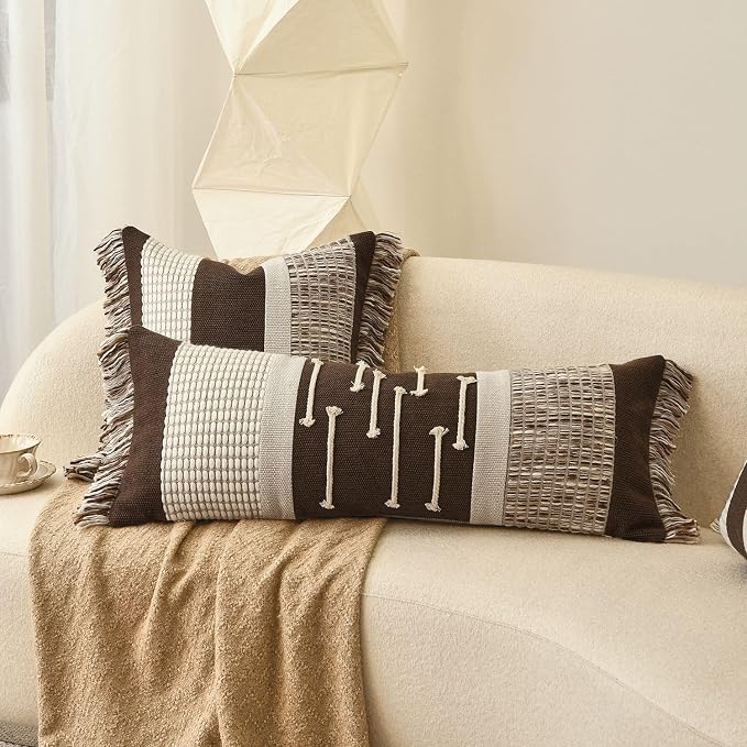 Dark Brown Boho Decorative Lumbar Pillow Cover 14x36 | Modern Farmhouse Long Lumbar Decorative Pillows Cushion Case with Handmade Drawn Work Tassel for Bed Couch