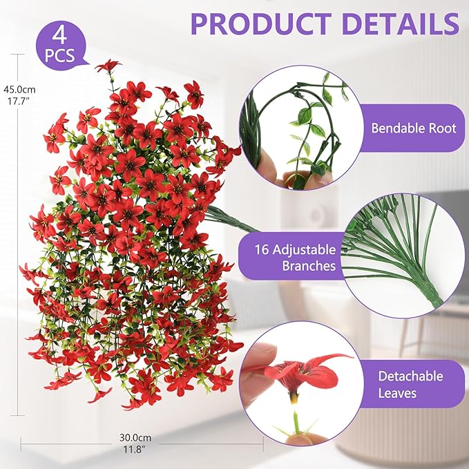 Artificial Hanging Baskets Outdoor, 4 Bundles Artificial Hanging Flowers Outdoors Spring Summer Decoration, No Fade Realistic Fake Hanging Baskets for Porch Patio Balcony Home Yard Decor