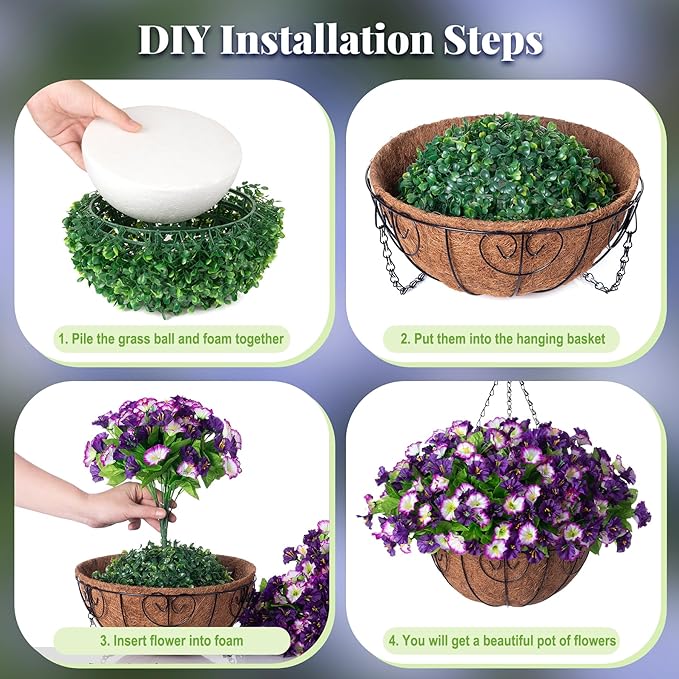 Ammyoo Artificial Hanging Flowers 12 inch Basket, Faux Silk Petunias Flower Arrangement,Coconut Lining Pot Planter with Morning Glories Patio Garden Porch Deck Spring Summer Decor(Purple Edge)