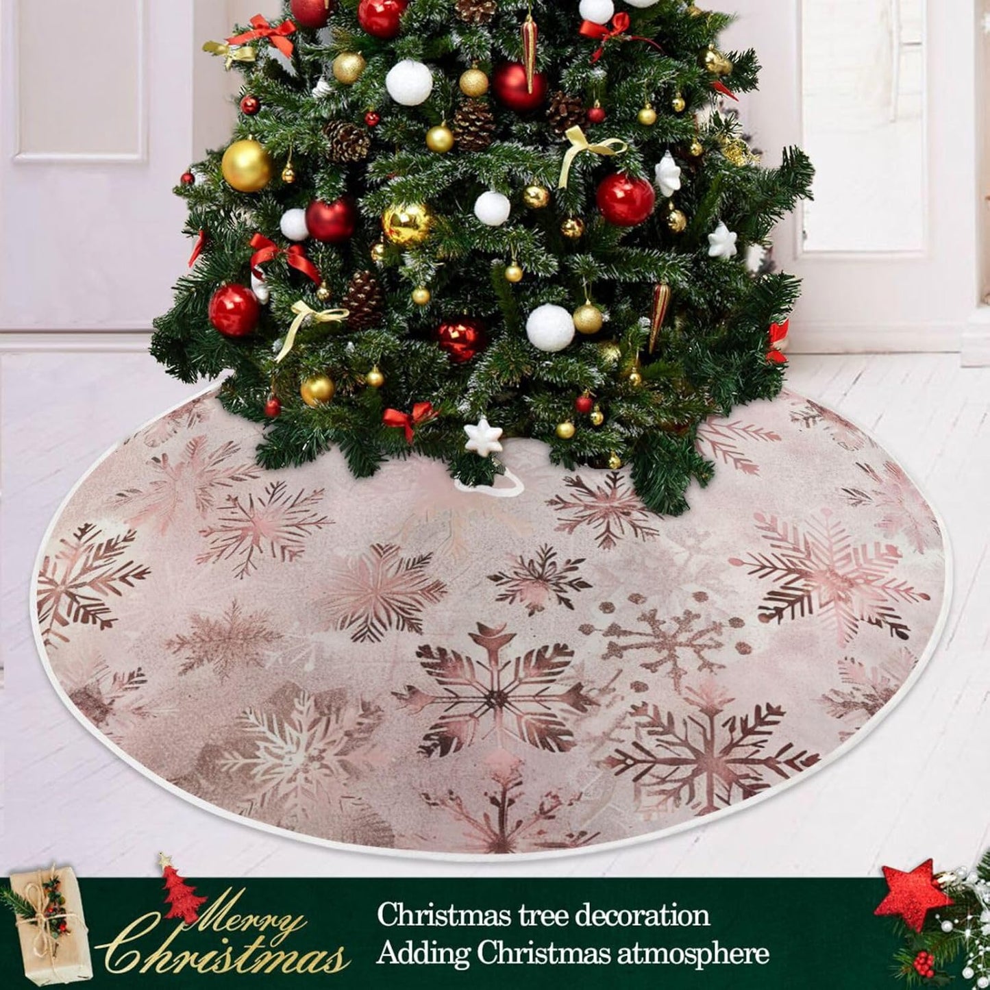 Christmas Tree Skirt, 36 Inch Seamless Pattern Rose Gold Snowflakes Xmas Tree Skirt for Christmas New Year Party Decorations Christmas Tree Mat