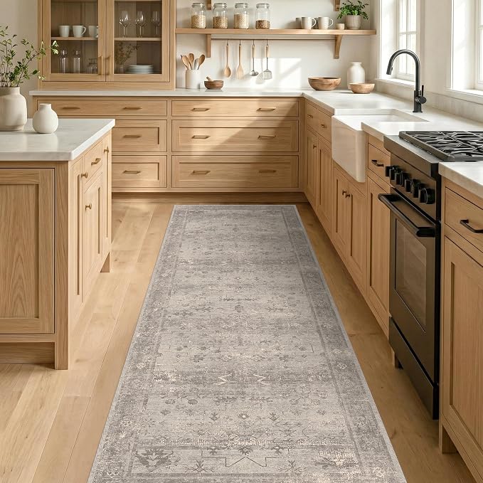 2'6"x8' Washable Hallway Runner Rug with Non Slip Backing, Kitchen Runner, Low Pile Long Area Rug for Entryway, Bathroom, Laundry Room, Vintage Farmhouse Greige Granite Decor