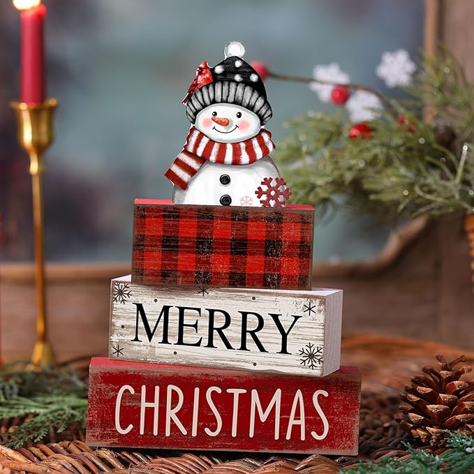 Lineshading 4 Pcs Winter Table Decoration Wooden Snowman Christmas Tiered Tray Decor Red Buffalo Plaid Block Signs Snowman Table Centerpiece Farmhouse Winter Decoration for Home Kitchen Shelf