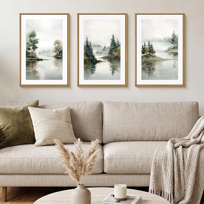 Large Foggy Forest Landscape Framed Canvas Wall Art Set,Natural Lake Scenery Wall Decor,Watercolor Pine Tree Art Painting for Living Room,Bedroom,Dining Room,Office -16"x24"x3