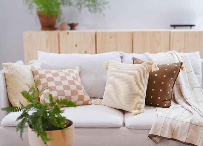 Lumi Lving Cozy Soft Cotton Throw Pillow Cover with Ribbed Knit Texture and Tassel Corners adds Light and Calm to Your Space (18x18, Oat Milk)