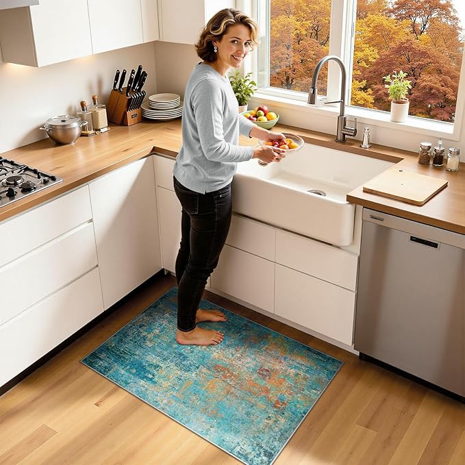 RELEANY Washable Area Rugs 2'x3' Non-Slip Modern Abstract Soft for Living Room Entryway Bedroom Nursery, Print Pattern, Teal Blue Green Orange Rust Red Coloreful