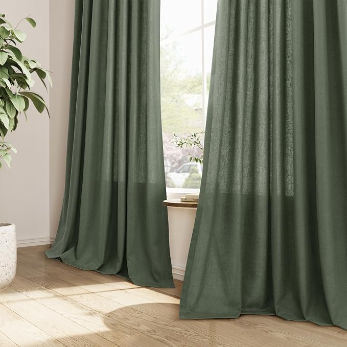 Olive Green Pinch Pleated Linen Curtains 90 Inches Long Vintage Neutral Country Semi Sheer Textured Linen Blended Light Filtering Curtain for Living Room Bedroom Pleated Drapes with Hooks Rings 40x90