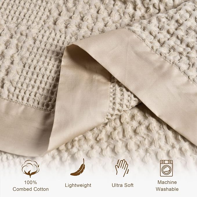 meadow park Cotton Waffle Blanket with Cotton Sateen Binding - Twin Size - Lightweight and Breathable - Washed Waffle Throw - Taupe Color.