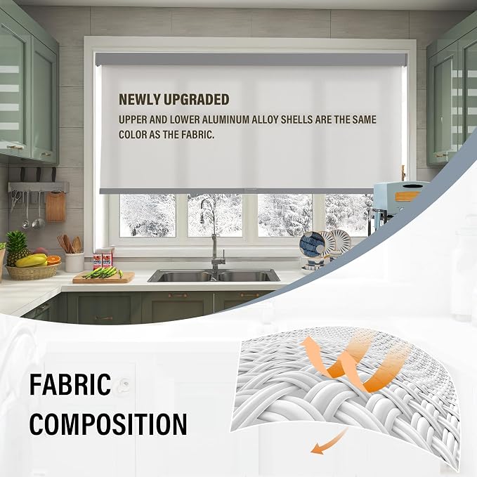 AOSKY Light Filtering Roller Shades Cordless Blinds for Windows, 1% Openness Free-Stop Shades with Valance, Thermal Insulated Fabric, UV Protection, Natural Woven Blindss（30" W x 72" H, Grey）