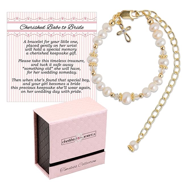 Cherished Moments 14K Gold-Plated Cherished Babe to Bride Cross Bracelet Gift for Infant Baby Baptism, Christening or Dedication with Cultured Pearls